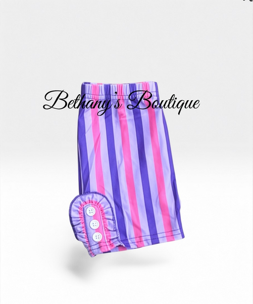Pink & purple striped biker shorts with button