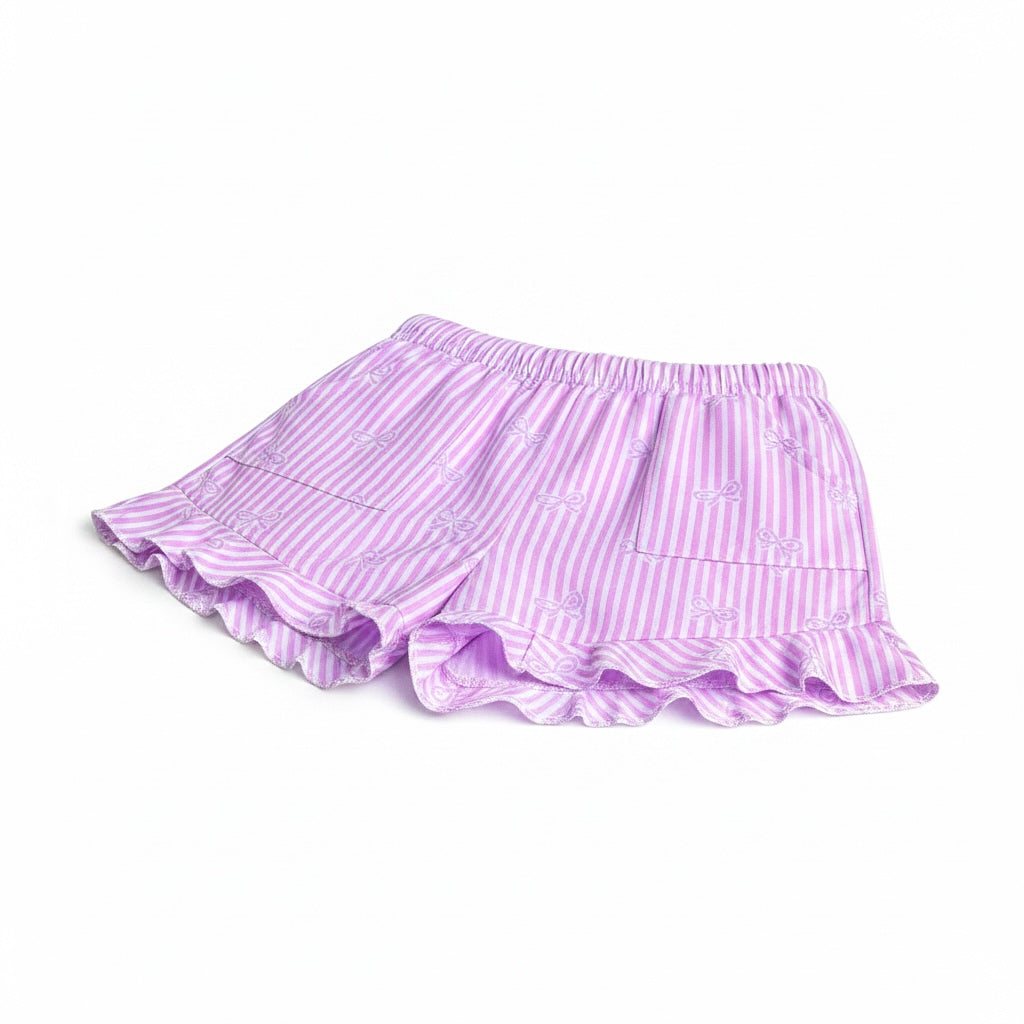 Pink Bow Striped ruffle shorts with pockets