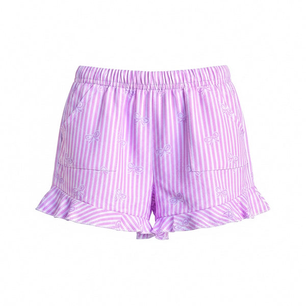 Pink Bow Striped ruffle shorts with pockets