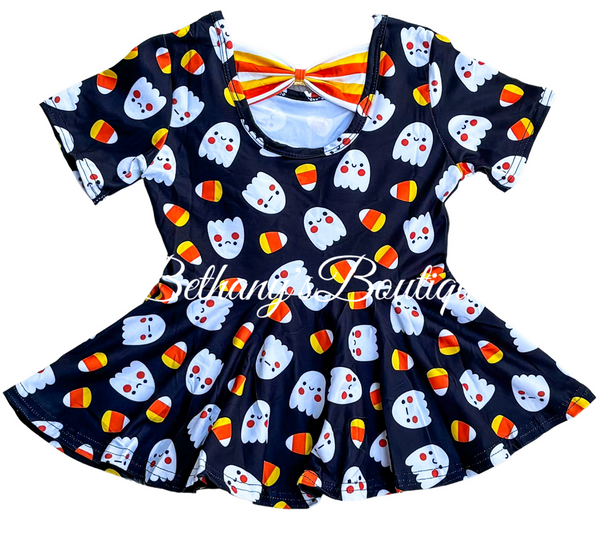 Halloween Candy Corn Ghost Bow Back Peplum