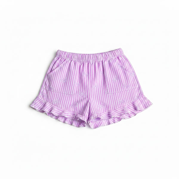 Pink Bow Striped ruffle shorts with pockets