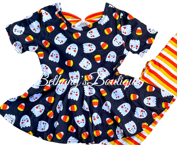 Halloween Candy Corn Ghost Bow Back Peplum