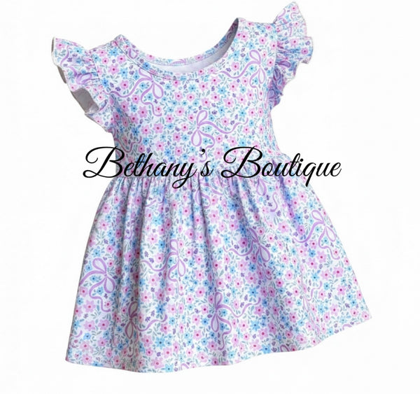 Pink Bow Floral Ruffle Sleeve Peplum Top