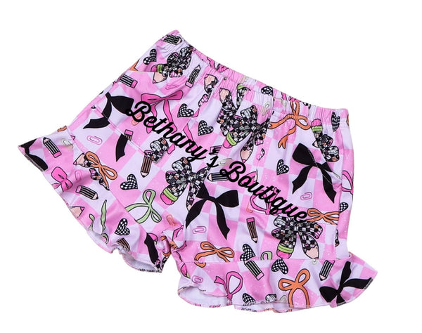 Retro Back to School Coquette Bow ruffle shorts with pockets