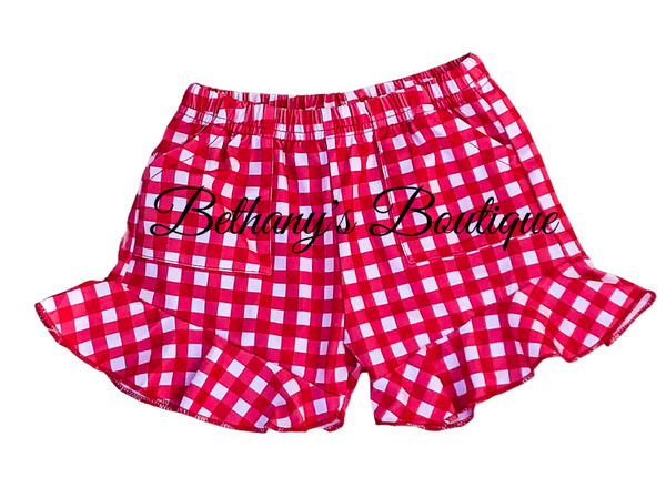 Red plaid ruffle shorts with pockets