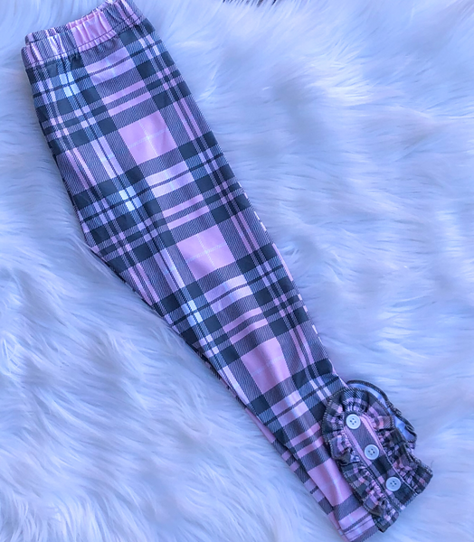Pink and gray plaid button leggings