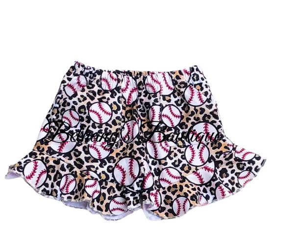 Leopard baseball ruffle shorts with pockets.