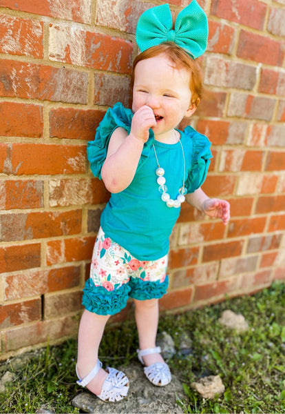 Teal floral icing shorts