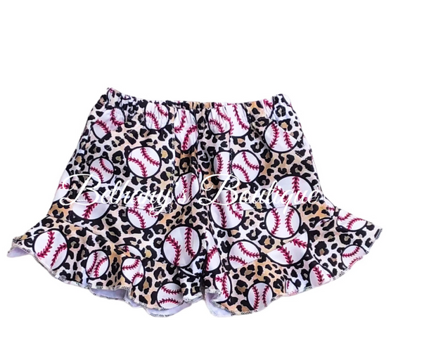 Leopard baseball ruffle shorts with pockets.