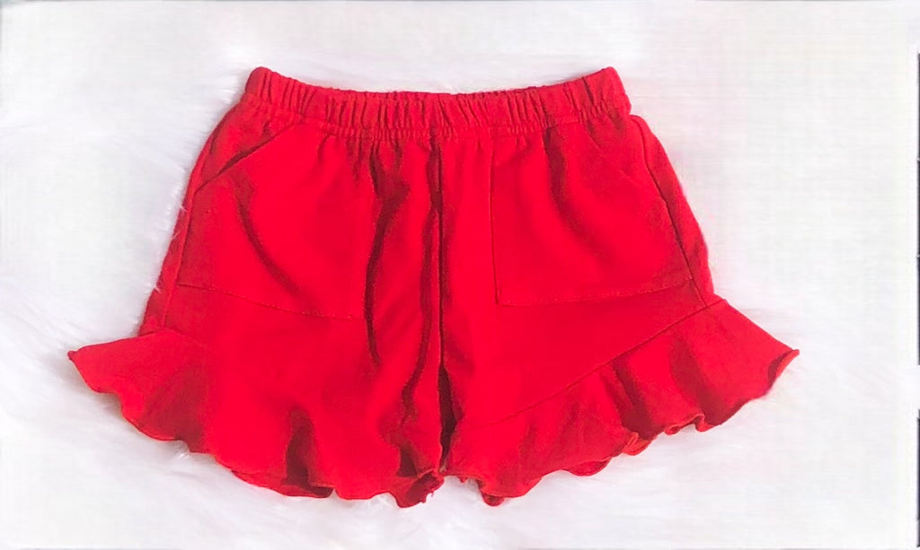 Red ruffle shorts with pockets