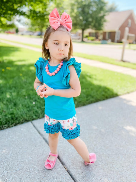 Teal floral icing shorts