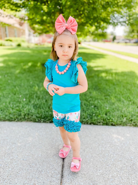 Teal floral icing shorts