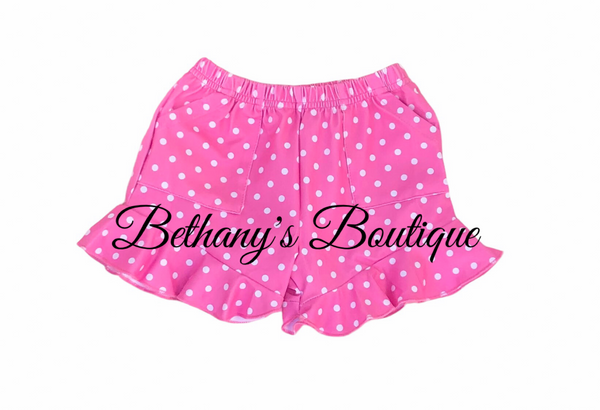 Pink polka dot ruffle shorts with pockets