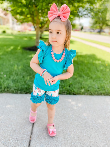 Teal floral icing shorts