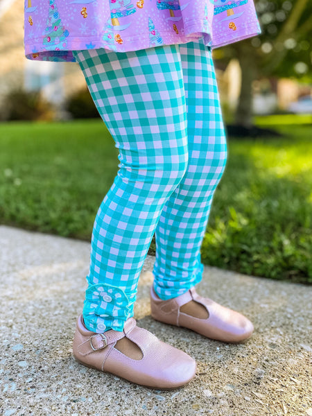 Turquoise plaid button leggings