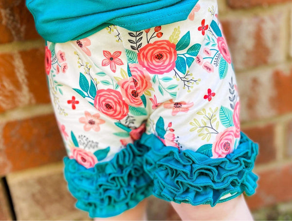 Teal floral icing shorts